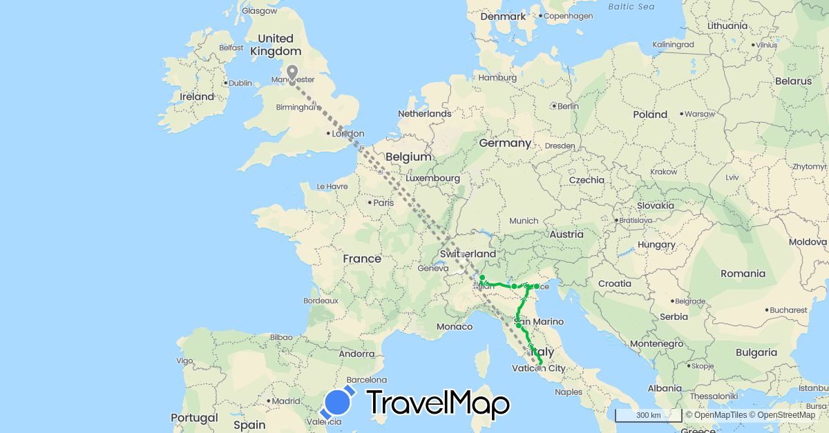 TravelMap itinerary: driving, bus, plane in United Kingdom, Italy (Europe)